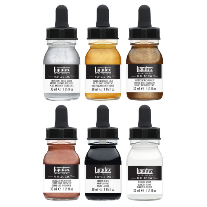 Lot de 6 encres acryliques Liquitex Acrylic Ink 30ml couleurs iridescentes