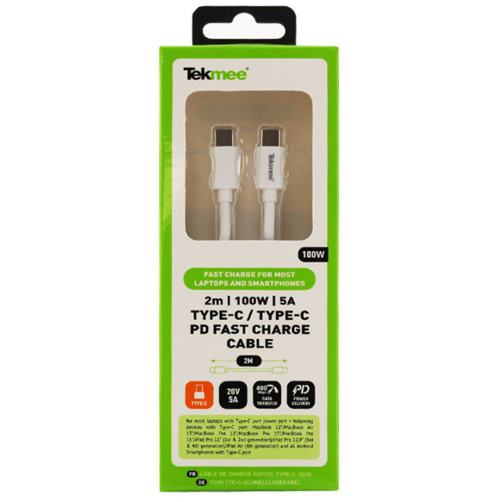Câble pc portable charge rapide type C 100W 2 mètres blanc Tekmee