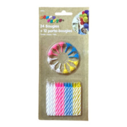 Bougies - Pour gâteaux d'anniversaire - 24 bougies + 12 porte-bougies