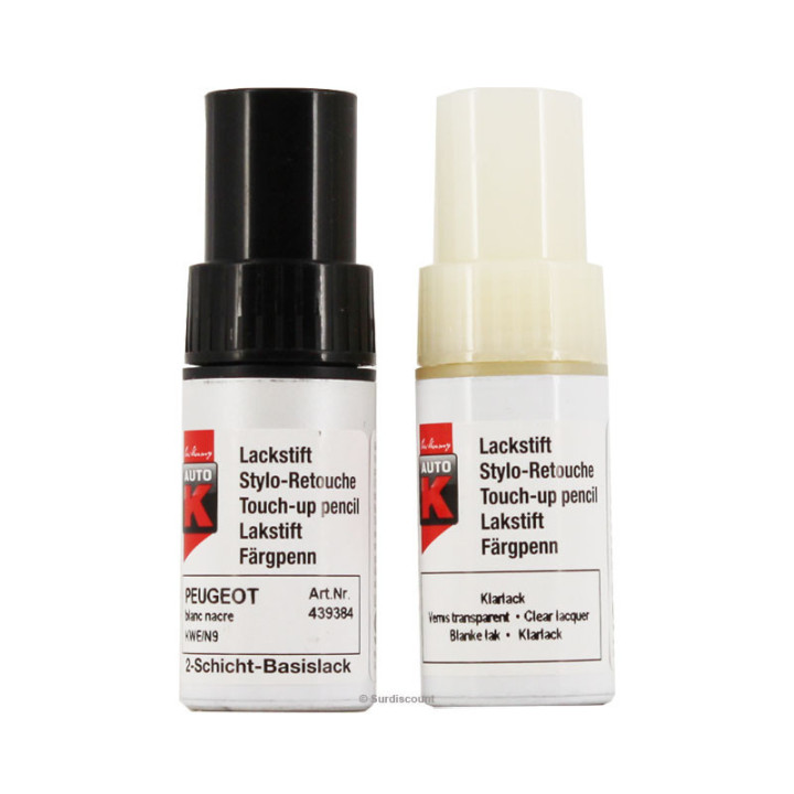 Stylo de retouche Auto‑K Peugeot KWE/N9 Blanc Nacré + vernis
