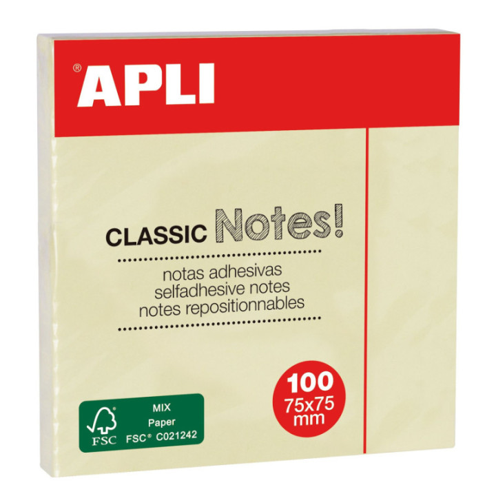 Notes repositionnables - Jaune - 75x75mm - Pense-bête - Mémo - Apli