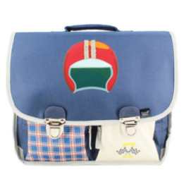 Cartable - Louise et Arthur - Bleu - Carreaux vichy - Voiture vintage - 2 compartiments