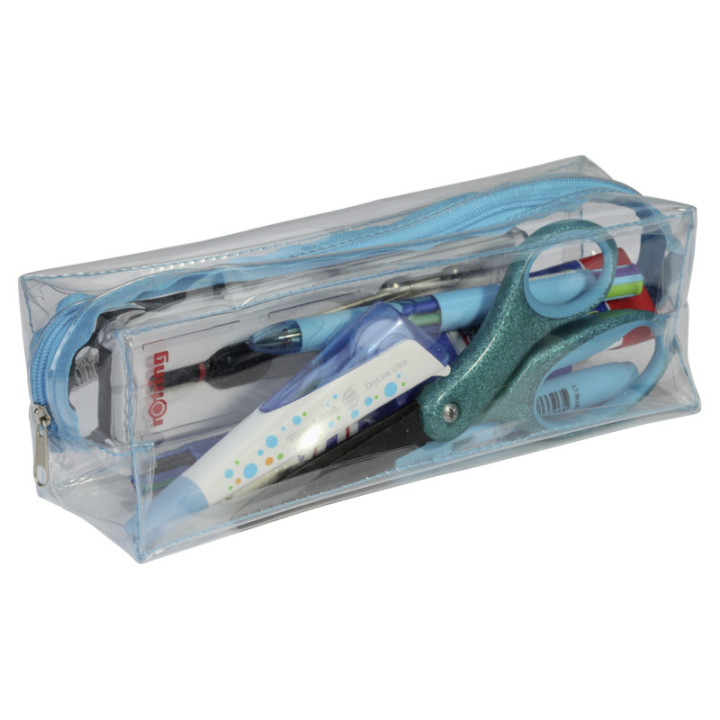 Trousse - Scolaire - Rectangulaire - Transparente - Plastique - Bleu - 1 compartiment