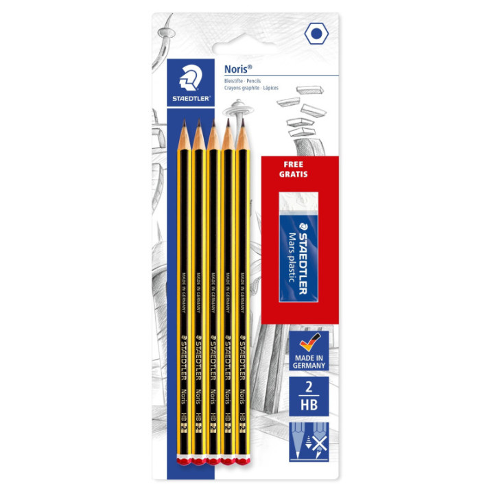 5 crayons graphite - HB - Noris  - Gomme blanche - Mars Plastic - Staedtler