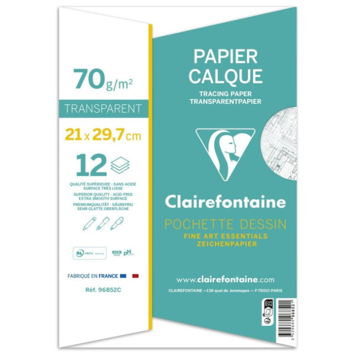 Papier calque - A4 - Dessin, beaux-arts, scolaire - 12 feuilles - 70g - Clairefontaine
