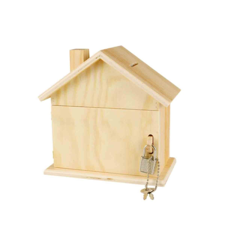 Tirelire - Forme de maison - Bois - A décorer - Avec cadenas et clés - 15x8x14,5