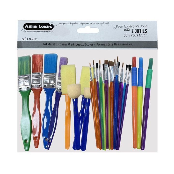 Lot de 25 pinceaux et brosses - Ecole et loisirs créatifs - Formes et tailles assorties