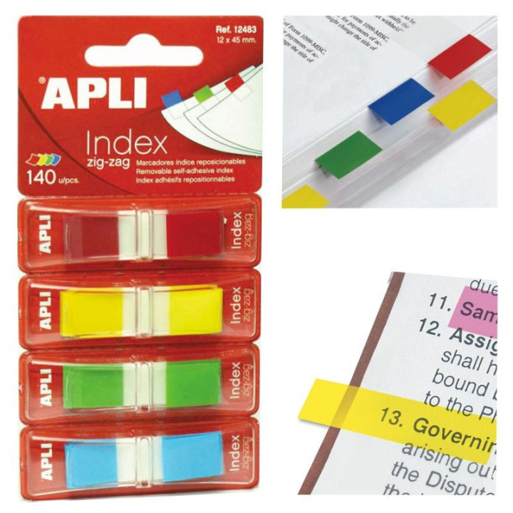 Marque-pages Zig-zag - 45x12 mm - 4 couleurs – 35 index film par couleur – Jaune, vert, bleu, rouge – Film semi-transparent
