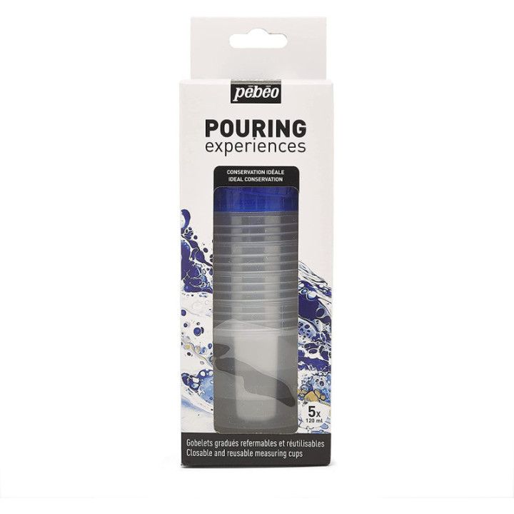 5 gobelets en plastique - Pouring - Pébéo - Gradués - 120ml - Couvercle