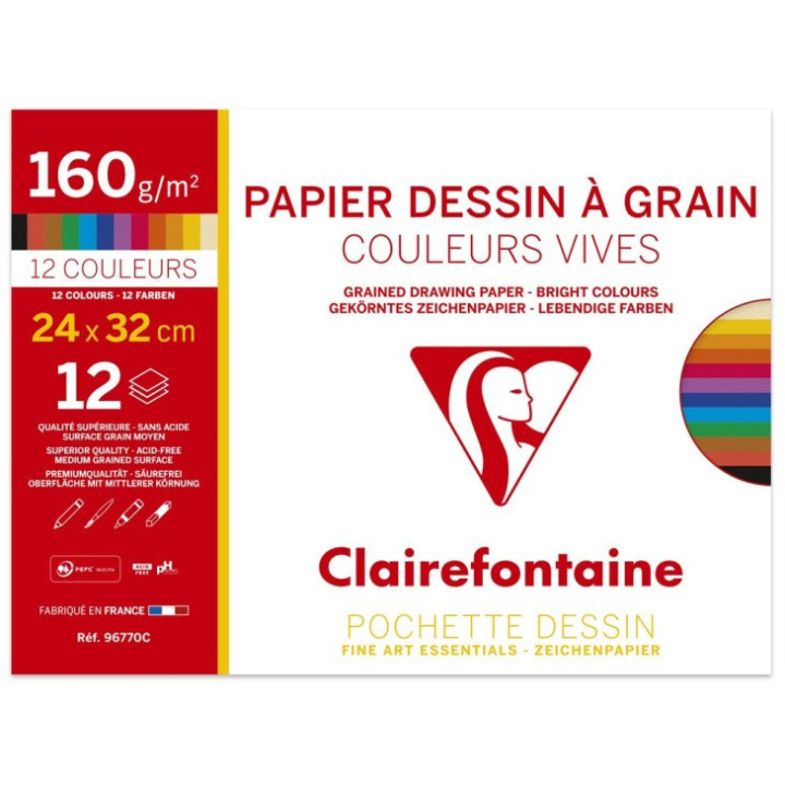 Papier dessin - 24x32cm - 160g - Couleurs vives - Sans acide - 12 feuilles - Clairefontaine