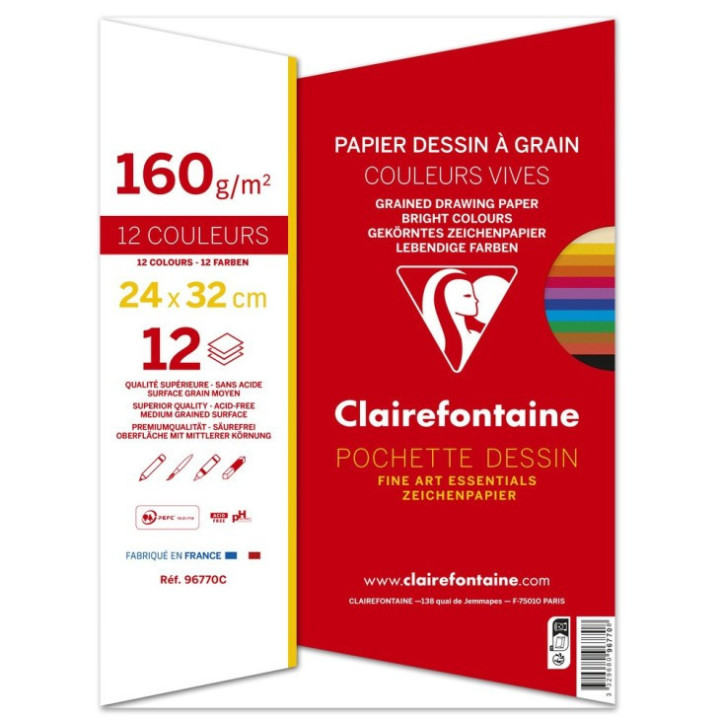 Papier dessin - 24x32cm - 160g - Couleurs vives - Sans acide - 12 feuilles - Clairefontaine