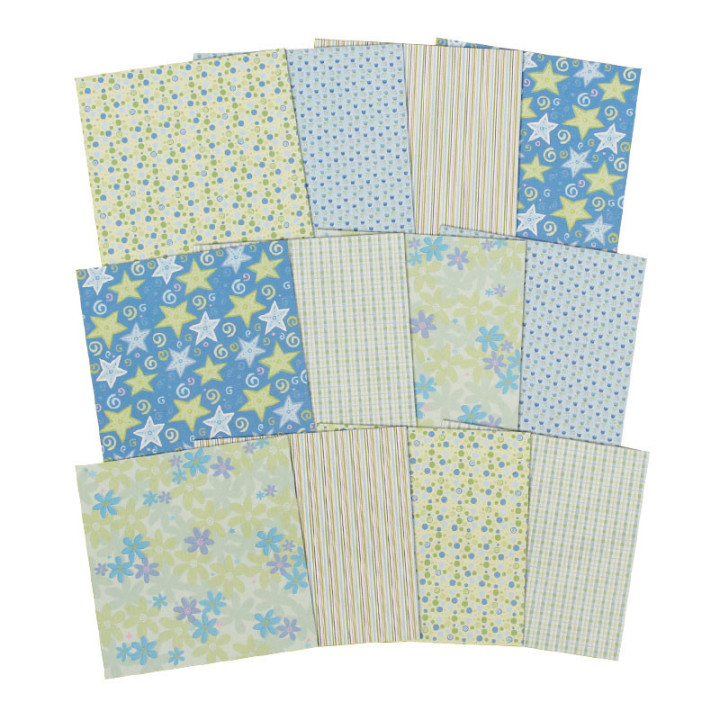 Feuilles de papier - Scrapbooking - Tons bleus - Fleurs - Etoiles - 30,5 x 30,5 cm