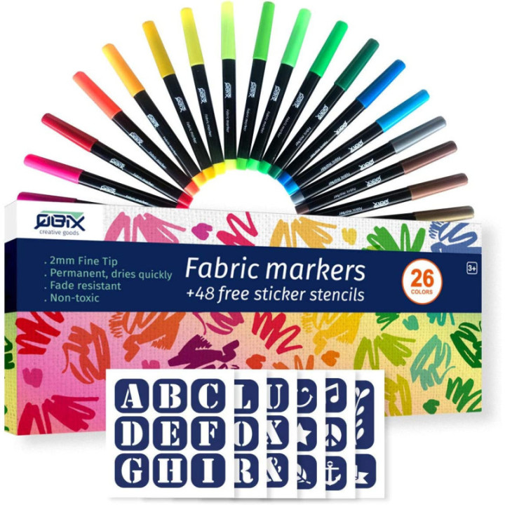 26 feutres de couleur - Textile - Vêtement - Avec 48 pochoirs - QBIX