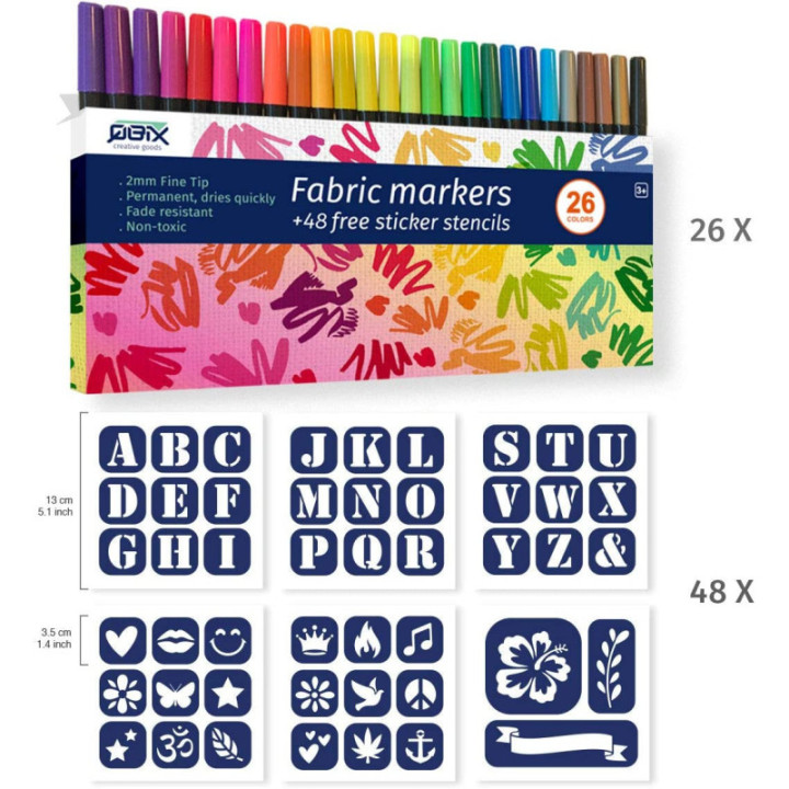 26 feutres de couleur - Textile - Vêtement - Avec 48 pochoirs - QBIX