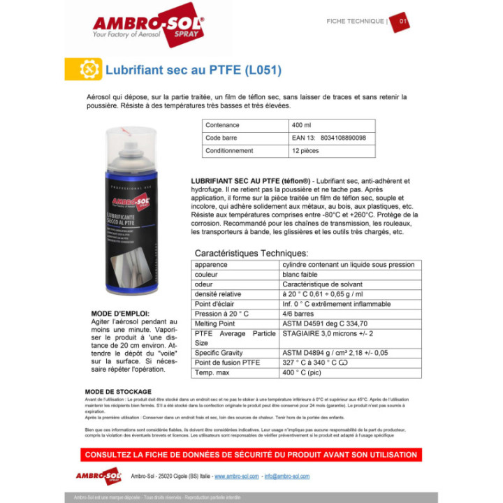 Bombe lubrifiant sec au PTFE – 400 ml, Ambro-Sol pour Auto et Moto