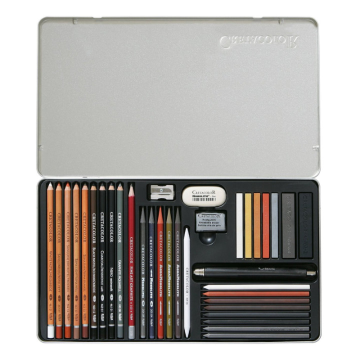 Boîte métal - Crayons - Beaux-arts - Esquisse - Dessin - Portrait - 35 pièces - Cretacolor