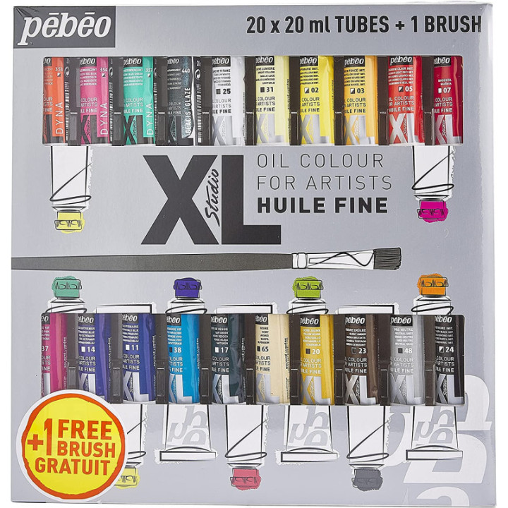 Peinture à l'huile - Fine - 20 tubes de 20 ml + 1 pinceau - Pébéo Studio XL