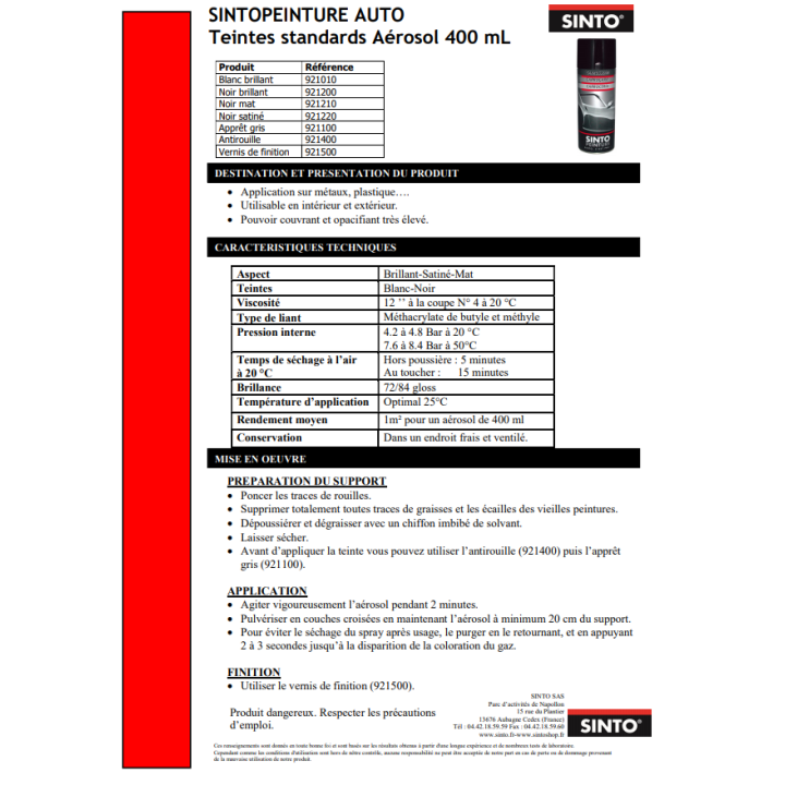 Bombe de peinture  - vernis de finition -  Sinto
