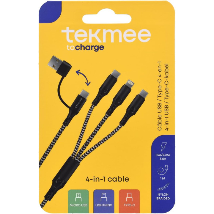 Cable pour smartphone - USB, Type-C et Micro USB - Longueur 1m - Tekmee