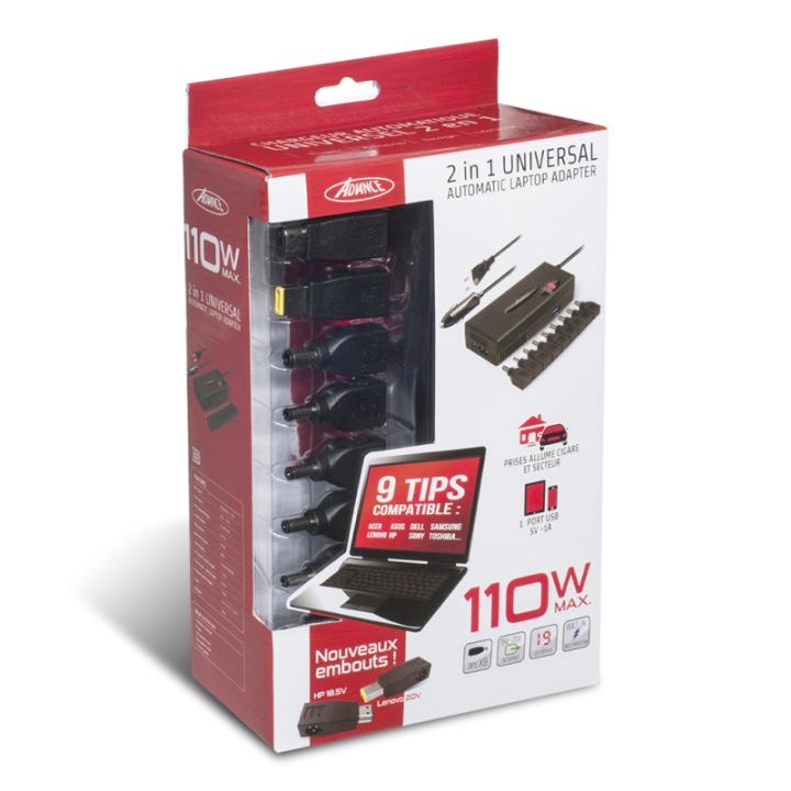 Chargeur universel pour pc portable - 90W - Allume cigare - Advance