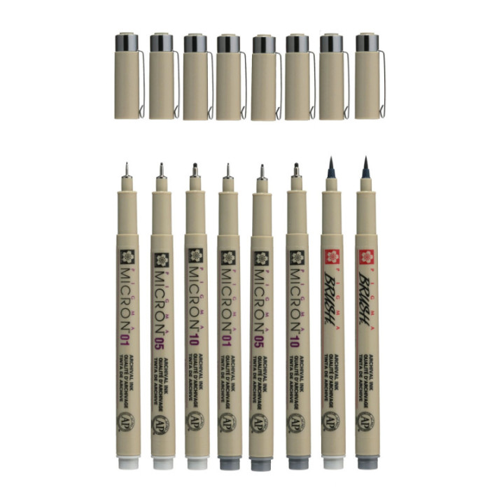 8 feutres - Gris - Dessin - Esquisse - Manga - Plusieurs mines - Sakura - Pigma Micron