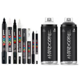 8 marqueurs POSCA - PC5M - PC1M - PC1MR - PC3M - 2 bombes Hardcore - Noir Blanc