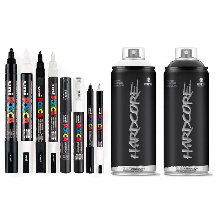 8 marqueurs POSCA - PC5M - PC1M - PC1MR - PC3M - 2 bombes Hardcore - Noir Blanc