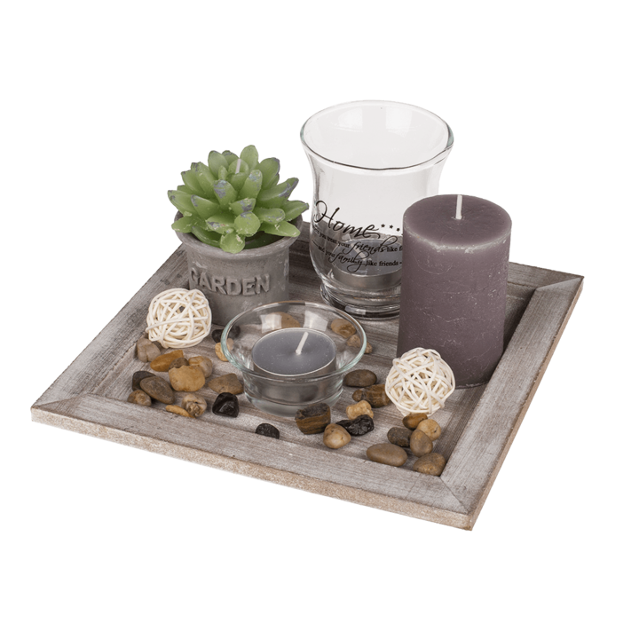 Décoration de table - Plateau bois - Bougies - Pierres - Ambiance cosy