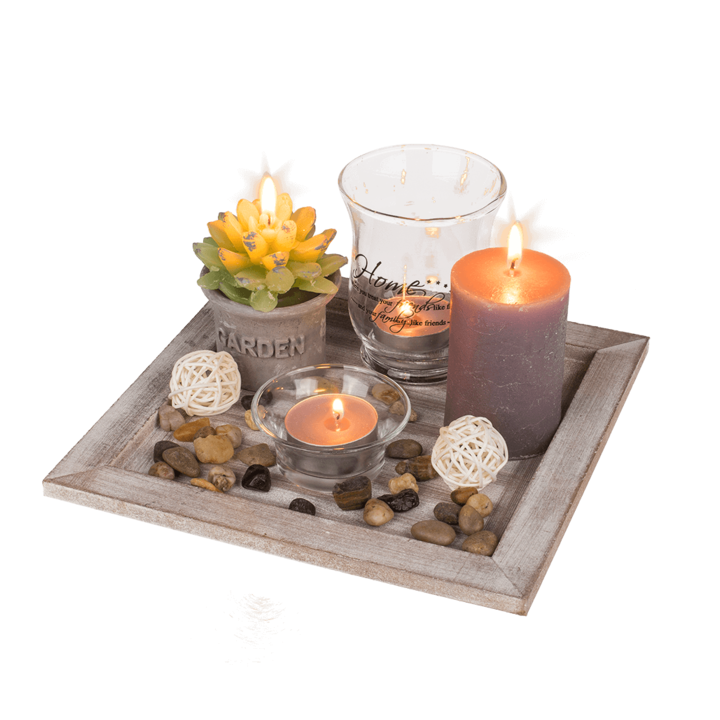 Décoration de table - Plateau bois - Bougies - Pierres - Ambiance cosy