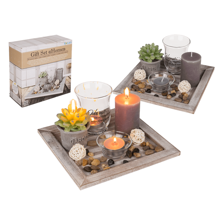Décoration de table - Plateau bois - Bougies - Pierres - Ambiance cosy