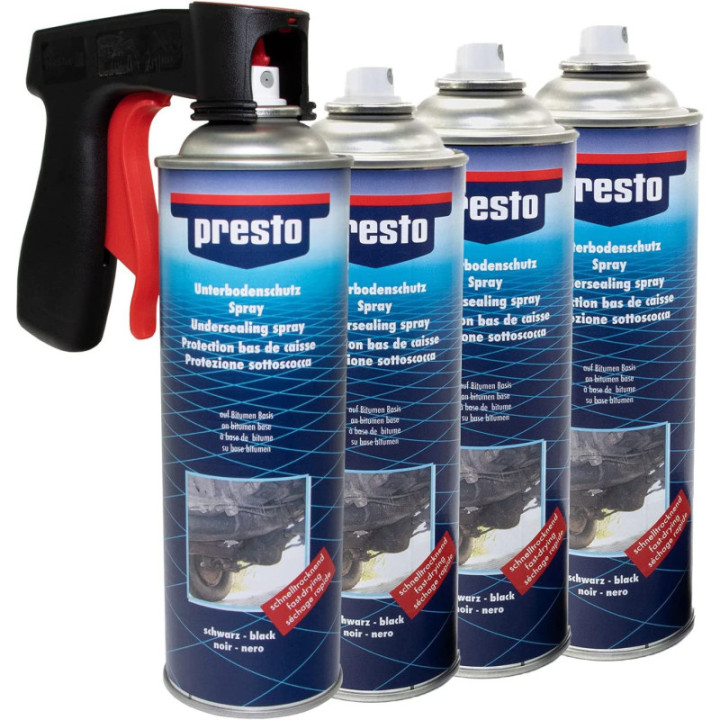 4 bombes de protection bas de caisse - 500 ml - Presto + pistolet professionnel pour bombe de peinture