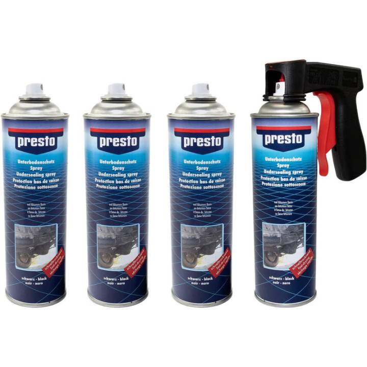 4 bombes de protection bas de caisse - 500 ml - Presto + pistolet professionnel pour bombe de peinture