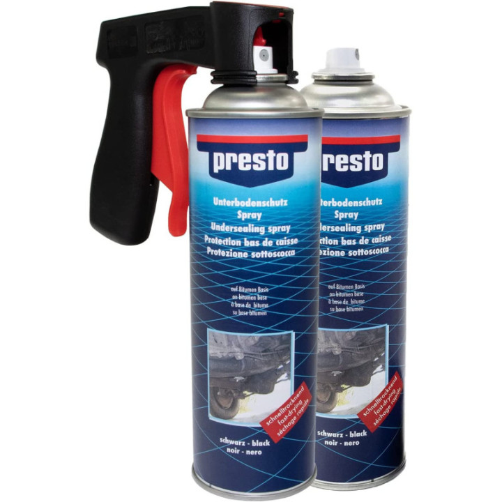 2 bombes de protection bas de caisse - 500 ml - Presto + pistolet professionnel pour bombe de peinture
