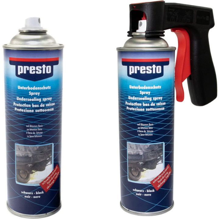2 bombes de protection bas de caisse - 500 ml - Presto + pistolet professionnel pour bombe de peinture