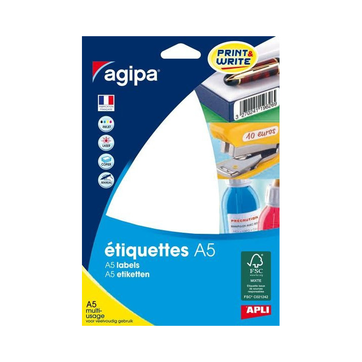 64 étiquettes - Blanches - 97,5x68mm - Planche A5 - Agipa 114038 - Copieur, laser, jet d'encre