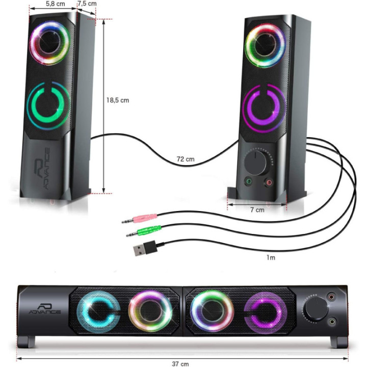 Enceintes - Barre de son - 2 en 1 - Lumineuse - RGB Rainbow - 6W - Advance