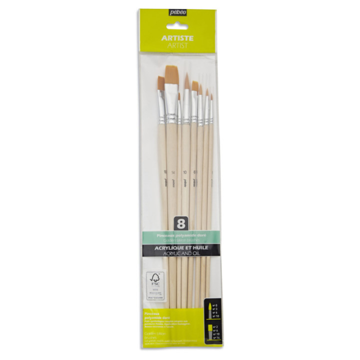 8 pinceaux - Plat - Rond - Acrylique et huile - Fibres synthétiques - Manche long - Pébéo