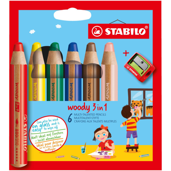 Etui carton de 6 crayons de couleur STABILO woody 3 in 1 + 1 taille-crayon
