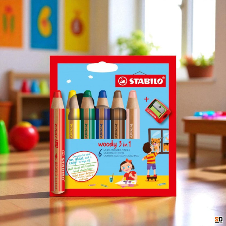 Etui carton de 6 crayons de couleur STABILO woody 3 in 1 + 1 taille-crayon