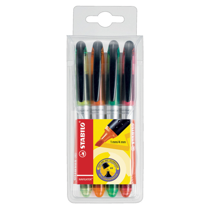 Pochette de 4 surligneurs STABILO NAVIGATOR - assortiment fluo