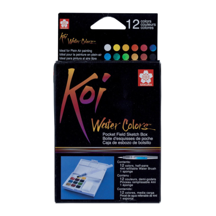 Boîte de peinture aquarelle - 12 couleurs + 1 pinceau à remplir + éponge - Sakura Koi