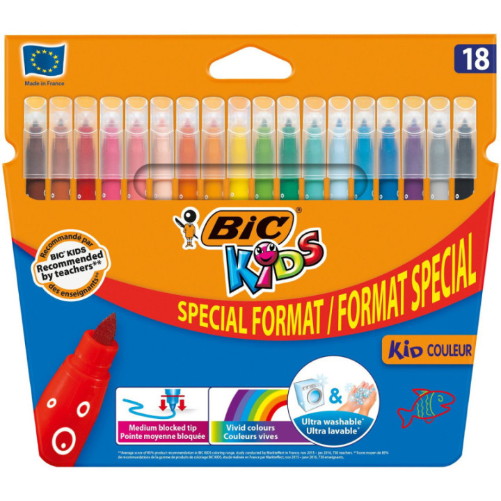 Feutres de coloriage - Enfant - Pointe moyenne - 18 couleurs dont 3 fluo - BIC Kids