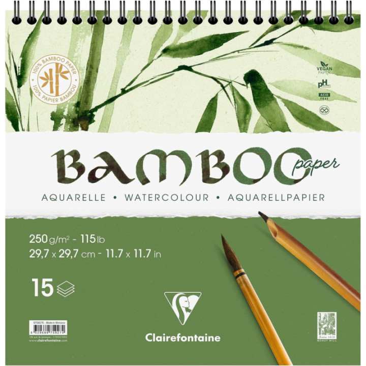 Carnet - Aquarelle - 29,7x29,7 cm - Spirale - 15 feuilles - Clairefontaine - Bamboo
