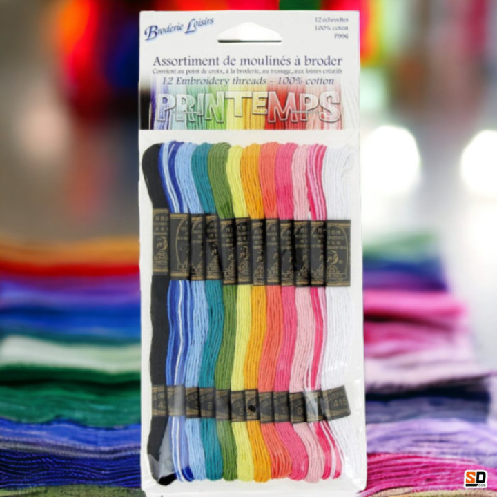 Fils - Echevettes - Moulinés à broder - 12 couleurs - Coton - Point de croix - Tressage