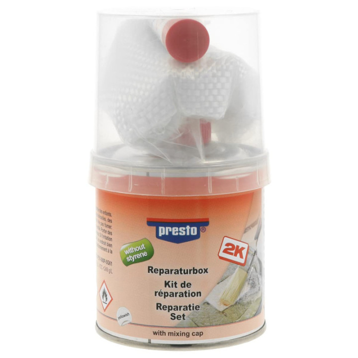 Kit pour réparation - Carrosserie - Surfaces abîmées - Mastic - Durcisseur - Tissus - Presto