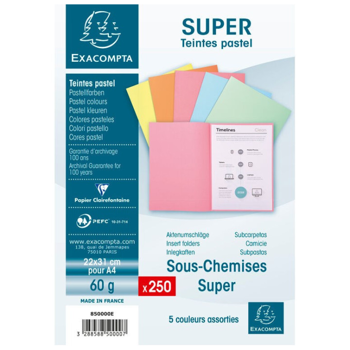 Lot De 250 Sous-Chemises 60G 5 Teintes Pastel - Exacompta