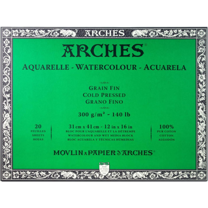 Bloc - Aquarelle - 31x41cm - Grain fin - 20 feuilles - 300g - Arches