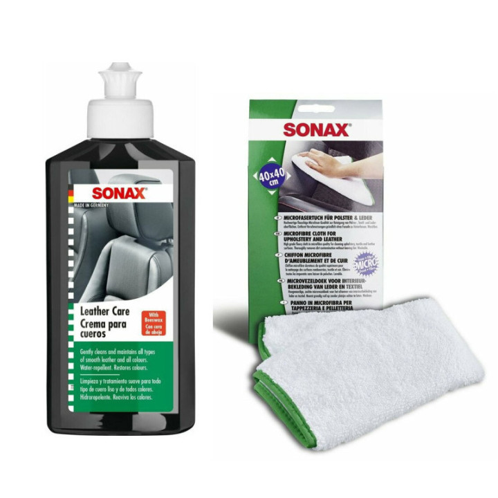 Kit - Entretien cuir et textile - Sièges de voiture - Lotion et chiffon microfibres - SONAX