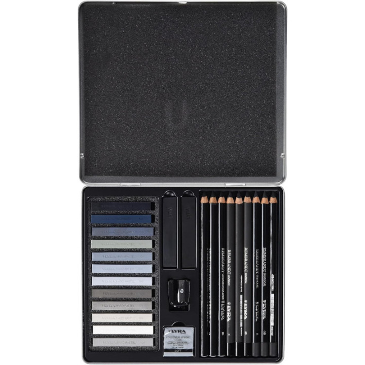 Crayons esquisse - Pastels - Tons gris - Beaux-arts - Boîte métal - 25 pièces - Lyra