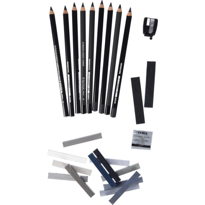 Crayons esquisse - Pastels - Tons gris - Beaux-arts - Boîte métal - 25 pièces - Lyra